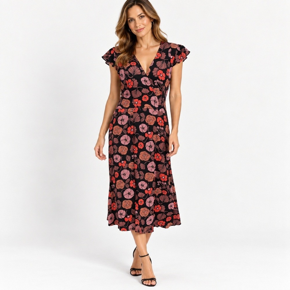 Corey Lynn Calter Floral Midi Dress 6 Black Red Rayon Cottagecore Whimsigoth